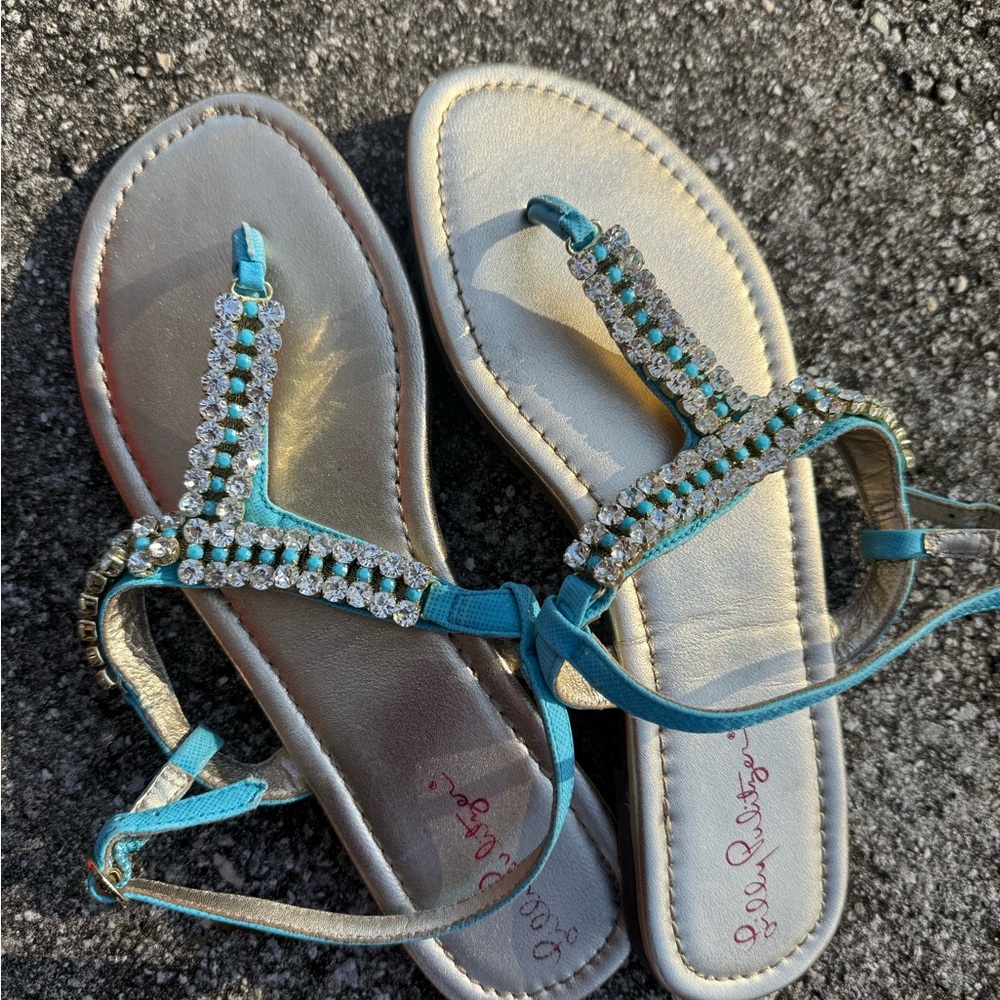Lilly Pulitzer Turquoise and Gold rhinstone Beaded Sandals